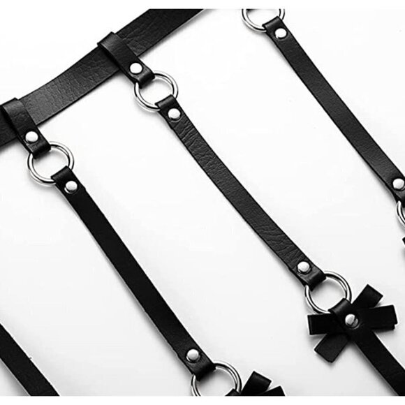 LEATHER Strap Waist Bow Leg Pantyhose Clip Harness Garter Bondage Cosplay NWT - Picture 6 of 6